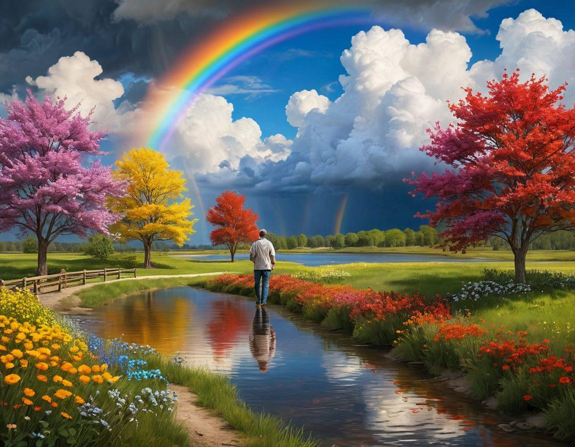 A serene landscape transitioning from a stormy sky symbolizing heartbreak to a bright, sunny environment representing harmony and love. In the foreground, a couple holds hands, surrounded by blossoming flowers and bright colors, embodying love and emotional resilience. Include soft clouds clearing to reveal a rainbow. A gentle river flowing symbolizes the journey of overcoming challenges. Romantic atmosphere, detailed textures, and warm tones. super-realistic. vibrant colors. 3D.